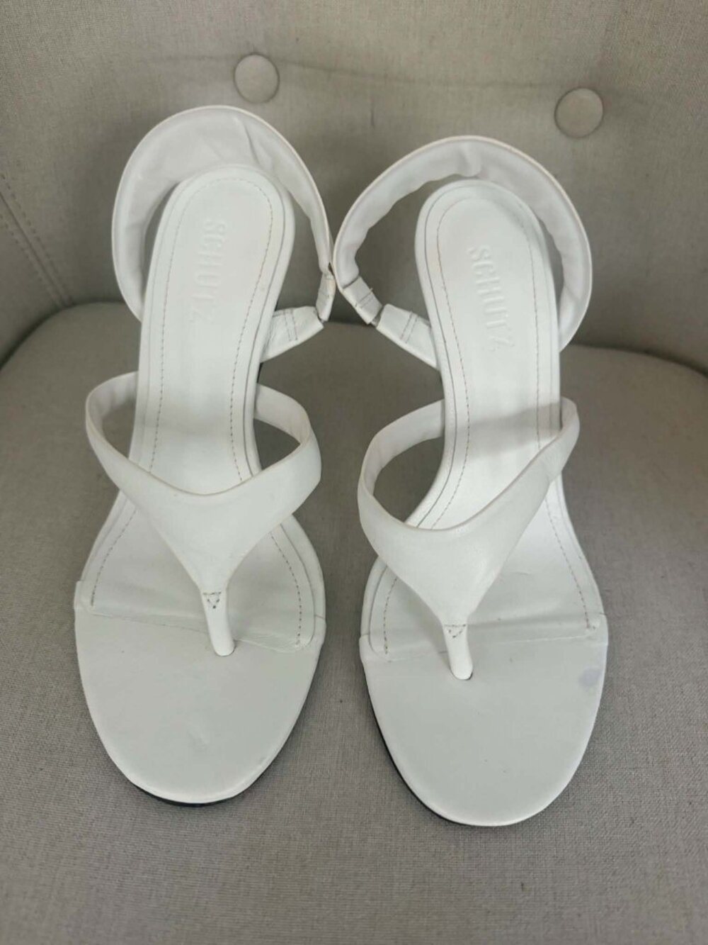 SCHUTZ White Leather Thong Slingback Stiletto Sandals Heels 7.5